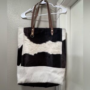 Myra Bag Black and White Cowhide Tote with Brown Straps